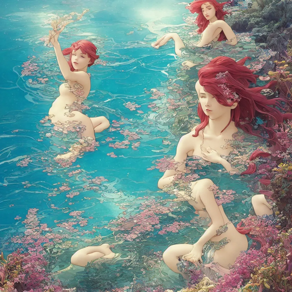 Prompt: the little mermaid sings in the colorful ocean, kamakura scenery, detailed and intricate environment, pearls and shells, fantasy art by ferdinand knab, makoto shinkai and ilya kuvshinov, rossdraws, tom bagshaw, alphonse mucha, trending onstudio ghibli, radiant light, highly detailed