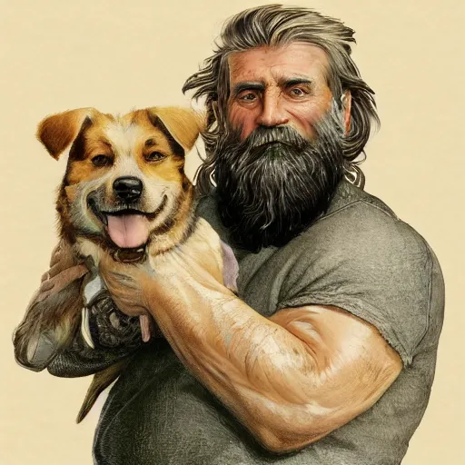 Image similar to close up portrait of a old, ruggedly handsome bearded man holding corgi dog, soft hair, muscular, half body, cloth, d & d, fantasy, intricate, elegant, highly detailed, digital painting, artstation, concept art, smooth, sharp focus, illustration, art by artgerm and greg rutkowski and alphonse mucha