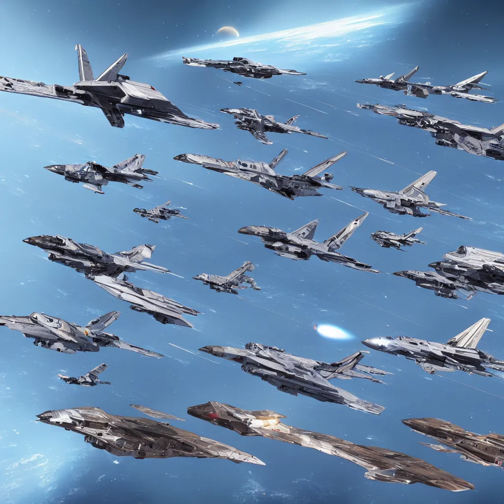 Prompt: fleet of fighter spacecrafts, hyper realistic, 4 k