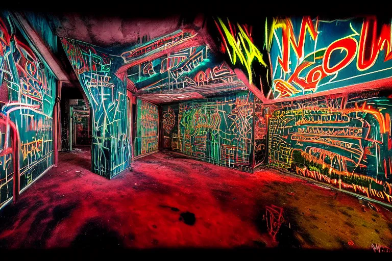 Image similar to the inside of a symmetrical hellish dungeon, mirrors and neon gas, matte painting, 4 k, epic composition, volumetric light, abstract illusionism, by william stout, jean - michel basquiat, pour paint, modern street art, grunge wall, industrial