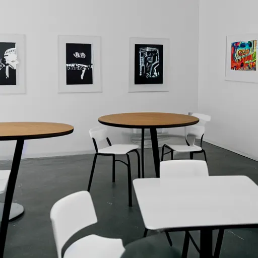 Prompt: photo of a minimalist white arcade with cafe tables, and retro art on the white walls