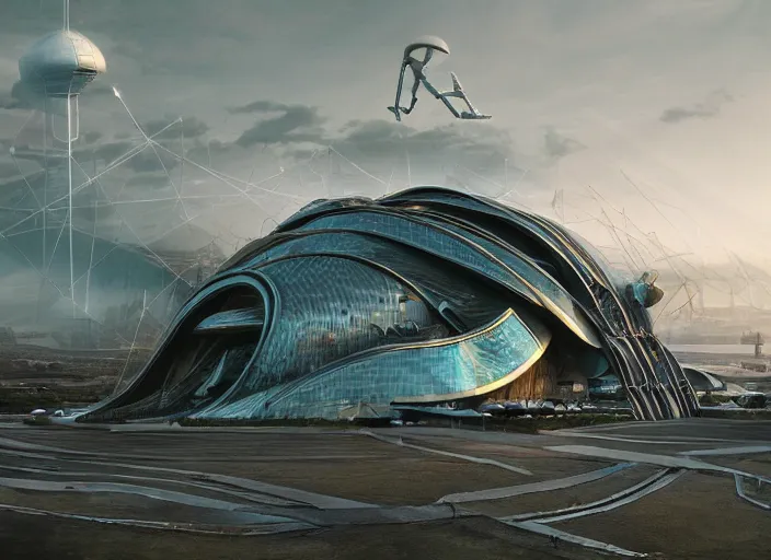 Prompt: cult of technology, metal brain, exterior, scifi, machines, artificial intelligence, ribbon chapel shape, colorful, ultra realistic, highly detailed, futuristic landscape, beautiful, city, utopian architecture, drone point of view, atmosphere, masterpiece, epic lighting, bright, cinematic, art by jan urschel and neil blevins