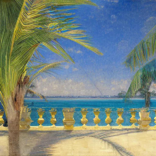 Image similar to a ultradetailed beautiful painting of the amazonas palace balustrade designed by jules bastien - lepage, hans belmer, frank weston and gustave baumann, beach, trending on artstation, mediterranean, palm trees, refracted color sparkles, sharp focus, soft light, 8 k 4 k