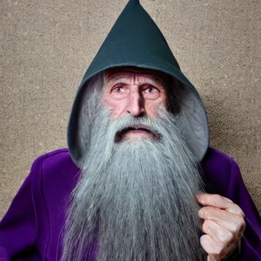 Image similar to an old bald druid wizard with bushy grey eyebrows, long grey hair and wearing a grey wizard hat, disheveled, wise old man, wearing a purple detailed coat, a bushy grey beard, sorcerer, he is a mad old man