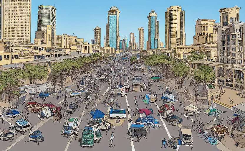 Image similar to the busy streets of abu Dhabi, art by geoff Darrow, high quality, extremely detailed,