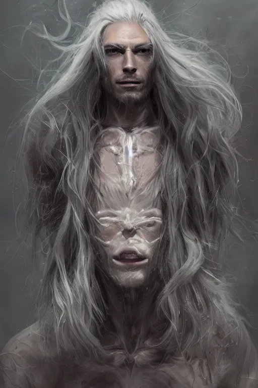 Image similar to a portrait of a toned male half human half mechanical with long white hair and with joints with visible joints by greg rutkowski, sung choi, mitchell mohrhauser, maciej kuciara, johnson ting, maxim verehin, peter konig, bloodborne, 8 k photorealistic, cinematic lighting, hd, high details, dramatic, dark atmosphere, trending on artstation