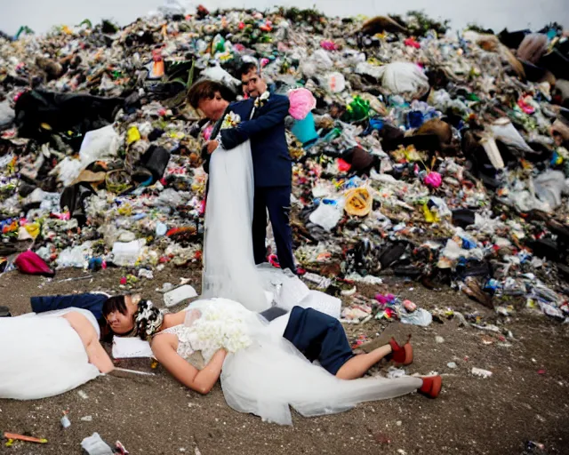 Prompt: a bride and groom lay in the trash at a landfill, wedding photography