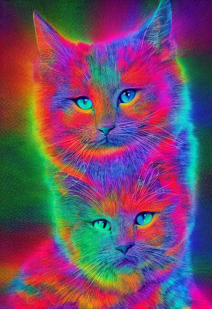 Image similar to highly detailed high resolution stacked plot of radio emissions from a pulsar, abstracted light refractions and stripy interference, making up a fluffy cat, silk screen t-shirt design in the style of FELIPE PANTONE 4K