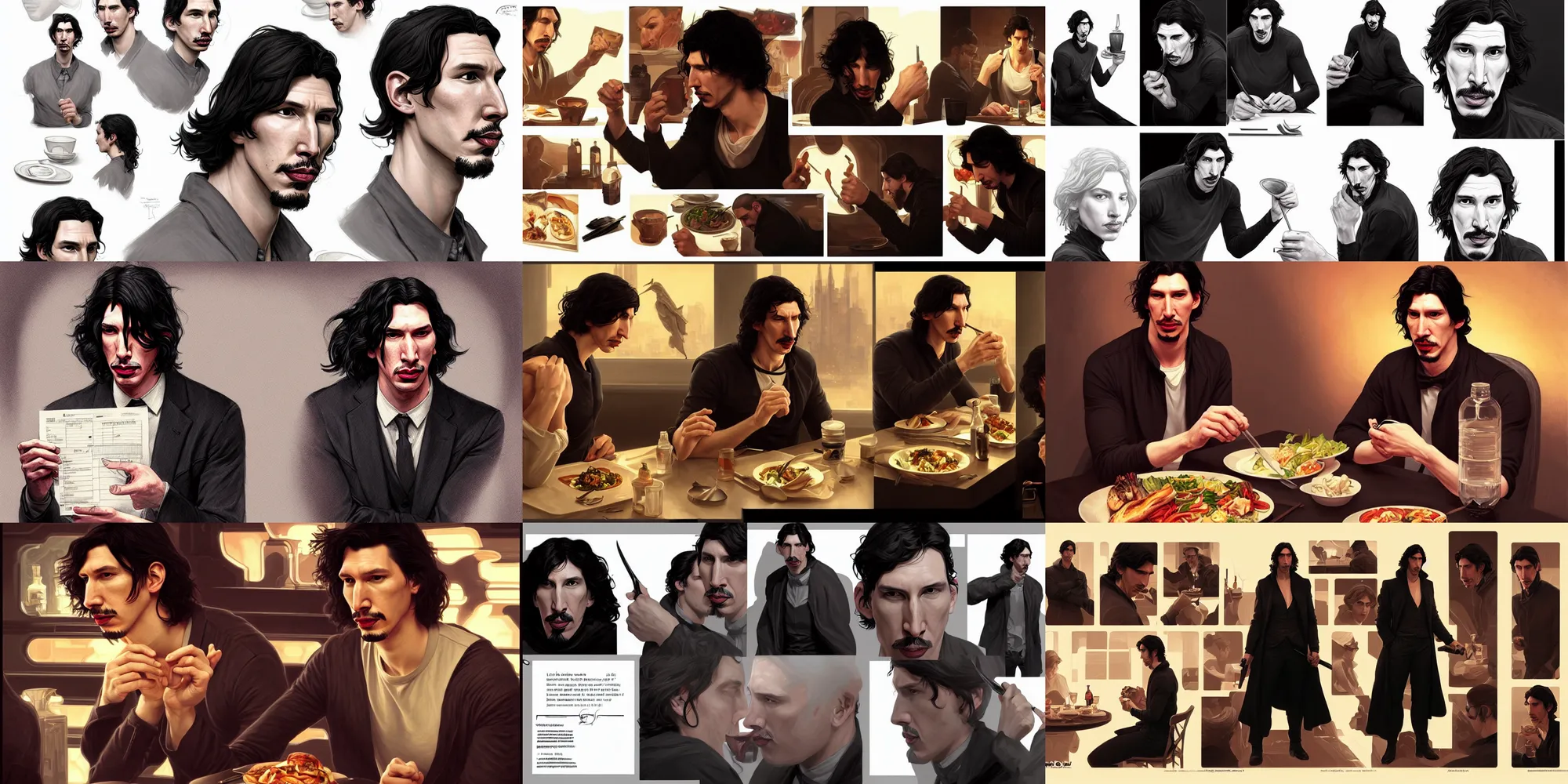 Prompt: adam driver eating dinner, character sheet, character design, contrast, deep focus, turnaround, highly detailed, dramatic lighting, digital painting, artstation, concept art, matte, sharp focus, illustration, elegant, art by artgerm and greg f and alphonse mucha.