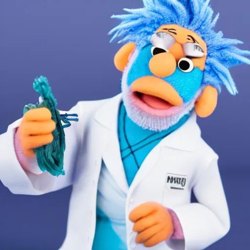 Image similar to rick sanchez with blue hair, wearing a white lab coat as a muppet. hyper real. 4 k. very detailed.