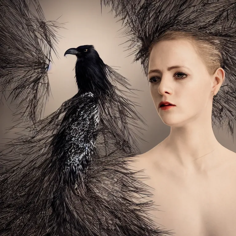 Image similar to hight focus of a wonderful realistic focused sweet wonderful symmetrical mid portrait of a lonely woman in the center of image, her dress is like a realistic black raven plumes, dramatic light, octane render, image in center - 8 k