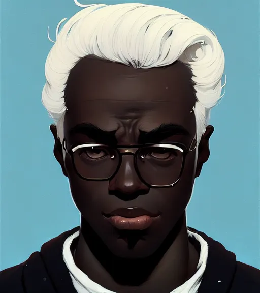 Image similar to portrait of a man, dark skin, white hair by atey ghailan, by greg rutkowski, by greg tocchini, by james gilleard, by joe fenton, by kaethe butcher, dynamic lighting, gradient light blue, brown, blonde cream and white color scheme, grunge aesthetic