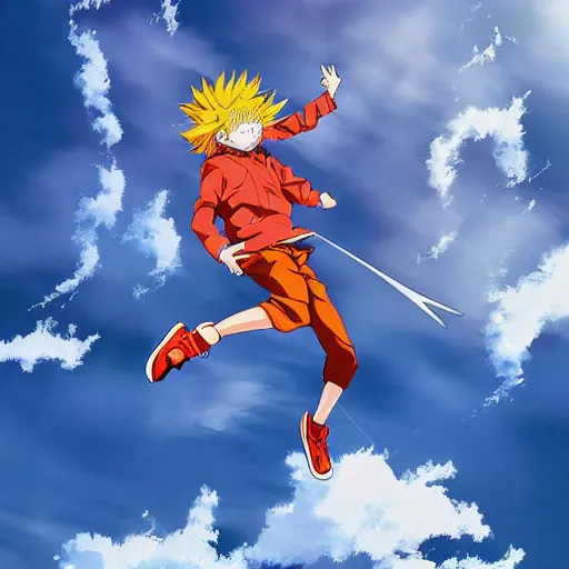 Image similar to orange - haired anime boy, 1 7 - year - old anime boy with wild spiky hair, wearing red jacket, flying through sky, ultra - high jump, late evening, blue hour, cirrus clouds, pearly sky, ultra - realistic, sharp details, subsurface scattering, blue sunshine, intricate details, hd anime, 2 0 1 9 anime