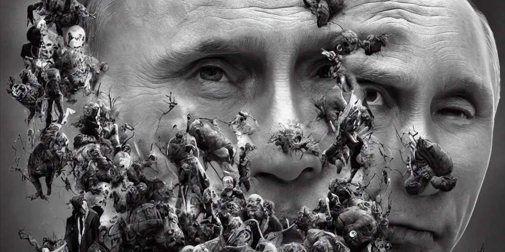 Prompt: highly detailed surreal vfx portrait of vladimir putin's face is eaten by worms, in the background an army of zombies with their mouths sewn shut with wire in the shape of the letter z, style of makoto shinkai studio ghibli genshin impact jamie wyeth james gilleard greg rutkowski, photorealistic, hyperdetailed