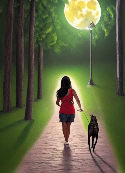 Image similar to young beautiful brown woman walking with her dog in a park in Merida Mexico at night with a full moon, illustration, photoreal, fantasy, trending. masterpiece work of art . oil on canvas. Digitally painted. Realistic. 3D. 8k. UHD.