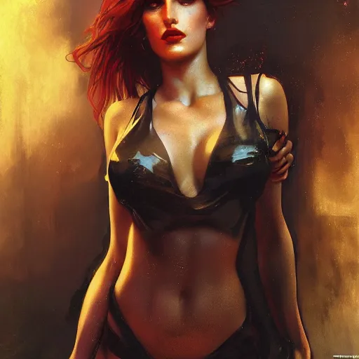 Image similar to bella thorne looking seductive, hyperrealistic full figure, bladerunner street alley, art of elysium by frank frazetta and by jeremy mann and by alphonse mucha, fantasy art, photo realistic, dynamic lighting, artstation, full figure poster, volumetric lighting, very detailed face, 4 k, award winning