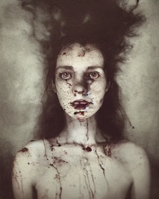 Prompt: an instant photo of a beautiful but creepy young woman in layers of fear, with haunted eyes and wild hair, 1 9 7 0 s, seventies, wallpaper, moorland, a little blood, moonlight showing injuries, delicate embellishments, painterly, offset printing technique, by mary jane ansell