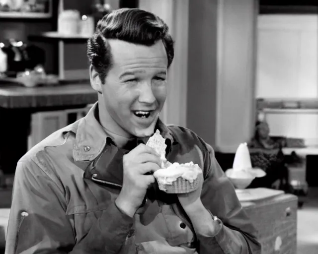 Image similar to Wally Cleaver eating a Choco Taco icecream on Leave It To Beaver, black and white television still