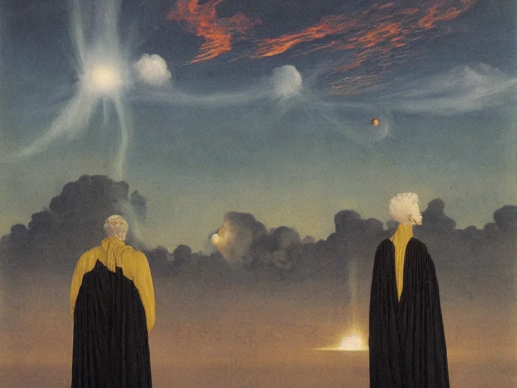 Prompt: albino mystic, with his back turned, looking at a atomic explosion over a city in the distance. Painting by Jan van Eyck, Audubon, Rene Magritte, Agnes Pelton, Max Ernst, Walton Ford