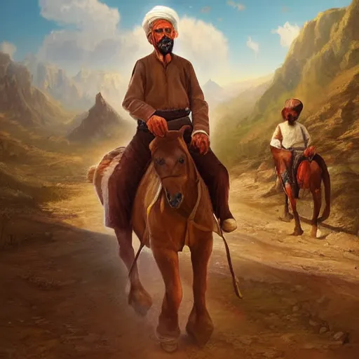 Prompt: elderly kurdish man riding a horse in a kurdish village, art by noah bradley, award winning art, extremely detailed, 8 k, high resolution