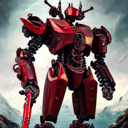 Prompt: pacific rim robot wearing shiny blood red armor holding a sword standing in the sea, full body image, steam punk, sci-fi, extremely detailed digital painting, in the style of Fenghua Zhong and Ruan Jia and Jermy lipking and peter mohrbacher, mystic colors, highly detailed, deep aesthetic, 8k, highly ornate intricate details, cinematic lighting, rich colors, digital artwork, ray tracing, hyperrealistic, photorealistic, cinematic landscape, trending on artstation,