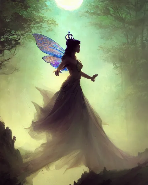 Image similar to a portrait of beautiful fairy goddness fly high in the night, d & d, fantasy, mist, full moon in background, trees, hyper detailed,, midium shot, an oil painting by ruan jia, trending on artstation, concept art, sharp focus, illustration, gaston bussiere, craig mullins, j. c. leyendecker, beautiful lighting