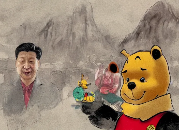 Image similar to portrait of Xi Jinping wearing a Winnie the Pooh onesie in a trashy Chinese dirt poor landfill, hungry, beta weak male, digital painting, concept art, smooth, sharp focus, illustration, from Slumdog Millionaire, by Ruan Jia and Mandy Jurgens and William-Adolphe Bouguereau, Artgerm