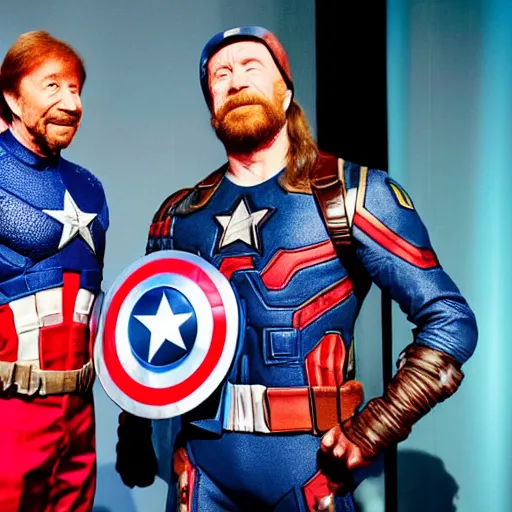 Image similar to uhd hyperdetailed candid photo of cosmic chuck norris dressed as captain america, wearing extremely intricate costume. elon musk presenting an award. photo by annie leibovitz