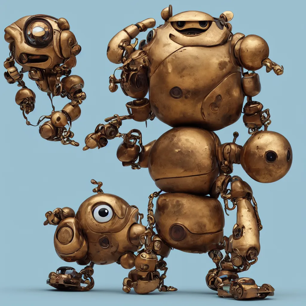 Prompt: , a small chubby bot, smooth panelling, one large gold eye intricate detail, style of pokemon, with damaged rusty arms, broken antenna, recycled, floating, white studio, oil, mechanical, toy, ambient light, in the style of pixar animation, pokedstudios, blender, octane render, 8 k, gediminas pranckevicius