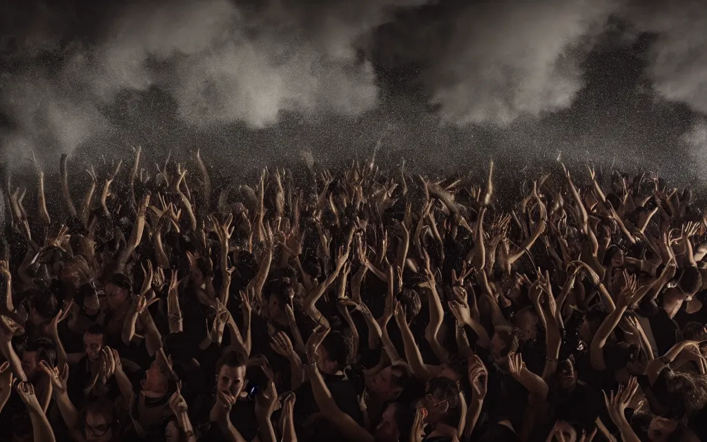 Prompt: photography of a techno party, a giant wave of people with shiny eyes wearing black clothes dancing, gregory crewdson, erwin olaf, epic composition, 4 k,