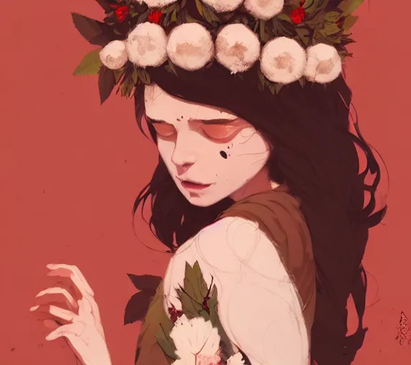 Image similar to portrait of forest godess with cotton flower crown, by atey ghailan, by greg rutkowski, by greg tocchini, by james gilleard, by joe fenton, by kaethe butcher, by ashley wood, dynamic lighting, gradient light red, brown, blonde cream and white color scheme, grunge aesthetic