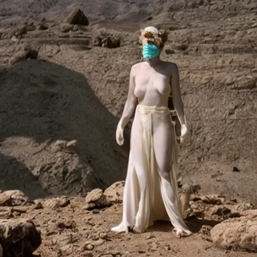 Image similar to The full body shot of beautiful pale woman with white flowers and full-face golden mask in a rocky desert landscape, multiple eyes by Denis Villeneuve, Lubezki, Gaspar Noe and Christopher Doyle, anamorphic lens, anamorphic lens flares, kodakchrome, cinematic composition, practical effects, award winning photo, 8k