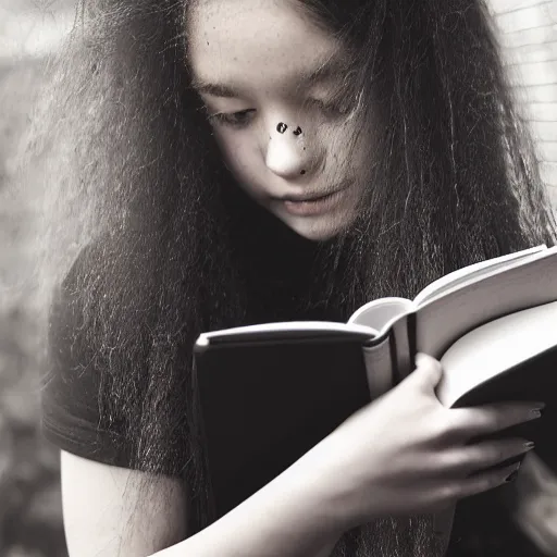 Prompt: a girl reading a book, her hair flowing down, modelsociety, radiant skin, huge anime eyes, rtx on, perfect face, intricate, sony a 7 r iv, symmetric balance, polarizing filter, photolab, lightroom, 4 k, dolby vision, photography award