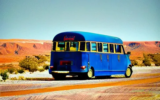 Image similar to Going Nowhere Fast, desert, blue bus