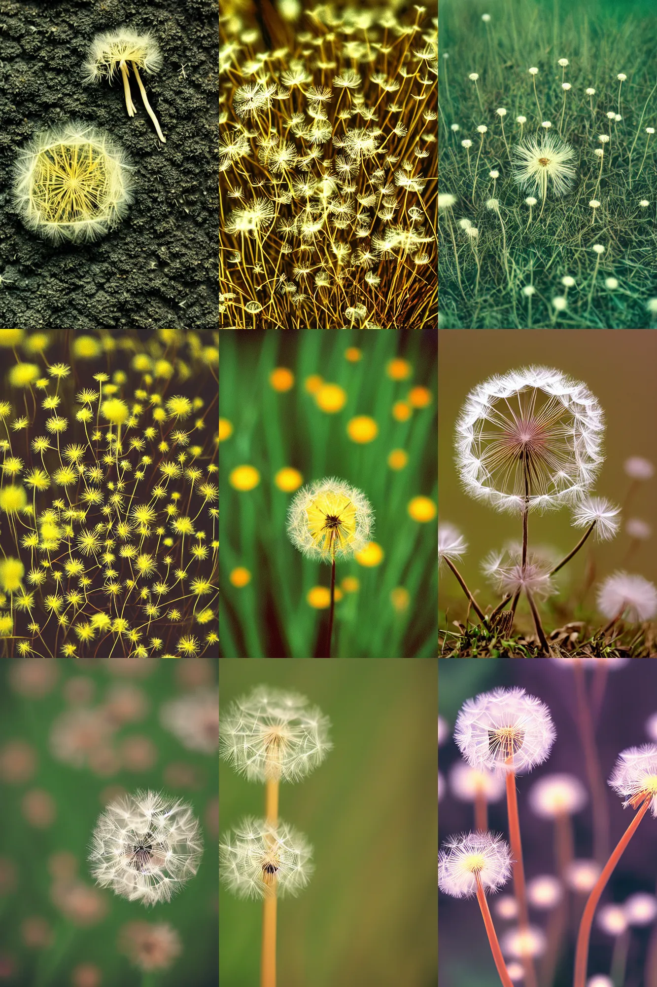 Prompt: Cinestill 50d, 200mm, macro, tilt shif dandelion in bacground: Psilocybe