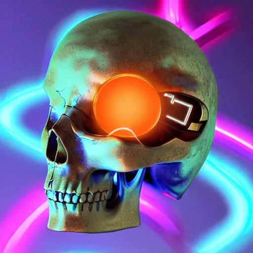 Image similar to psychedelic skull with a hood connected to a robotic body made of rusty metals holding a floating neon orb, electricity, high detail, cinematic lighting