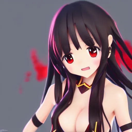 Prompt: megumin render as a very beautiful 3d anime girl, hot petite, long black hair, hazel eyes, full round face, red dress, short smile, cinematic lightning, medium shot, mid-shot, highly detailed, trending on Artstation, Unreal Engine 4k, cinematic wallpaper