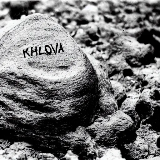 Prompt: An old, creepy, but very detailed photograph found of a suspicious rock near a lava lake with a very difficult equation written on it.