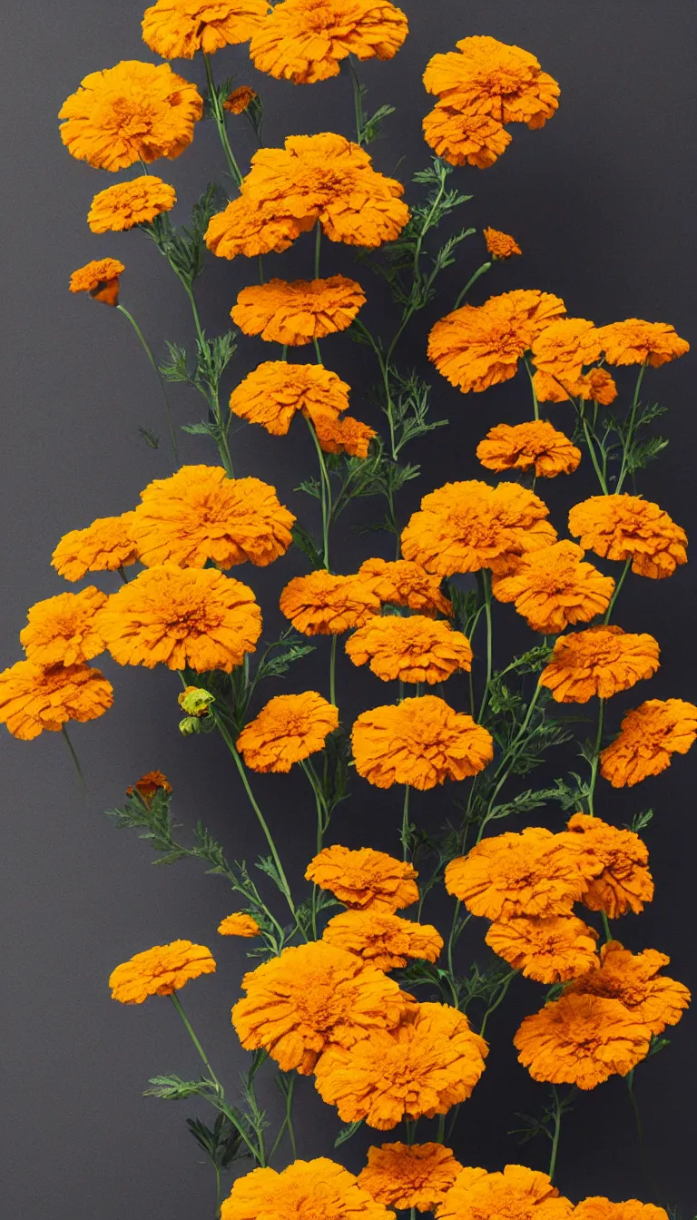 Prompt: colorful beautiful marigold flowers from single stem, volumetric dramatic light, dark black background, sharp focus, highly realistic, octane render, art by greg rutsowski