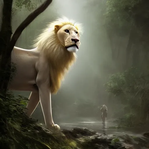 Image similar to commission portrait of a male anthro albino lion,wearing cargo pants and a boack t-shirt,going through a jungle cautiously.dramatic,character design by charles bowater,greg rutkowski,ross tran,hyperdetailed,hyperrealistic,4k,deviantart,artstation,professional photography,concept art