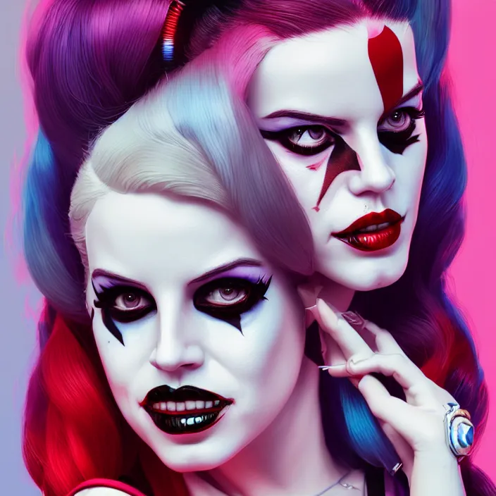 Image similar to portrait of lana del ray as a harley quinn. intricate abstract. intricate artwork. smooth. by Tooth Wu, wlop, beeple, dan mumford. octane render, trending on artstation, greg rutkowski very coherent symmetrical artwork. cinematic, hyper realism, high detail, octane render, 8k, iridescent accents