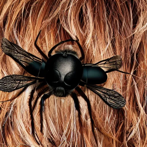 Image similar to a photograph of a fly with donald trump wig hair