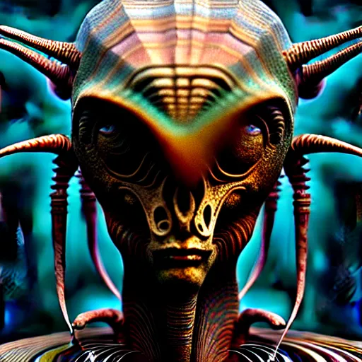 Prompt: a beautiful surreal illustration of alien shaman, highly detailed, liquid oilpaint, doug chiang, gustave dore, leonardo da vinci, trending on artstation, industry, lucid and intricate, rectilinear, digital art, octane, redshift, vray, 8 k, 6 4 megapixels, zbrush central, behance hd, hypermaximalist, well rendered