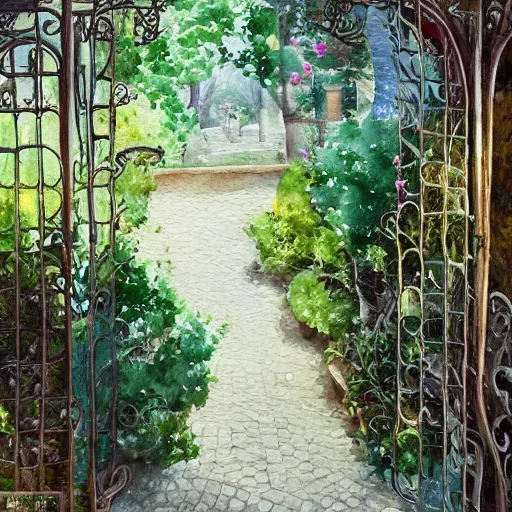 Prompt: delicate, chairs, garden, paved, botanic watercolors oils, iridescent, 8 k, realistic shaded, fine details, artstation, italian, iron gate, tree, mediterranean