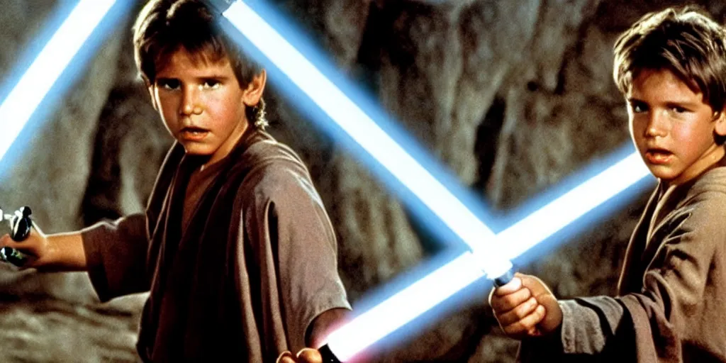 Image similar to A full color still from a film of a young Harrison Ford as a Jedi padawan holding a lightsaber hilt, from The Phantom Menace, directed by Steven Spielberg, 35mm 1990