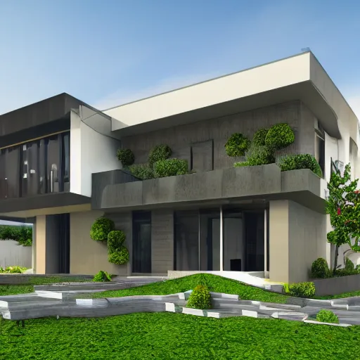 Prompt: isometric render of a beautiful modern home designed for aesthetics, energy efficiency and foliage, cg render, high resolution, professional