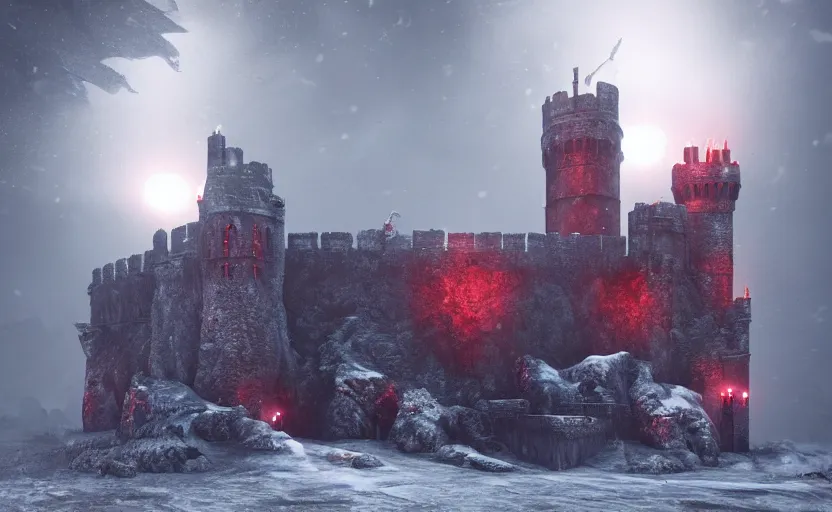 Image similar to Red Castle in Game of Thrones besides the sea in the snowstorm at night, doomy, Unreal Engine, cinematic photography, highly-detailed, games of thrones, HBO, high resolution, 8k, photorealistic, stunning volumetric lighting