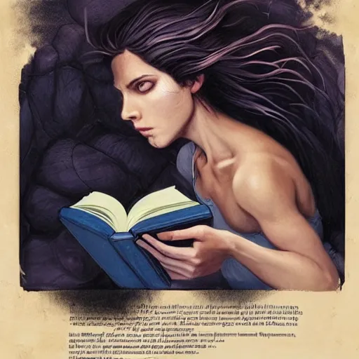 Image similar to An incredible fantastical painting of a girl reading book, hair flowing down | symmetric!, anatomically correct | by Greg Rutkowski and Greg Staples with James Gurney | hyperrealism artwork beautiful detailed painting | trending on Artstation