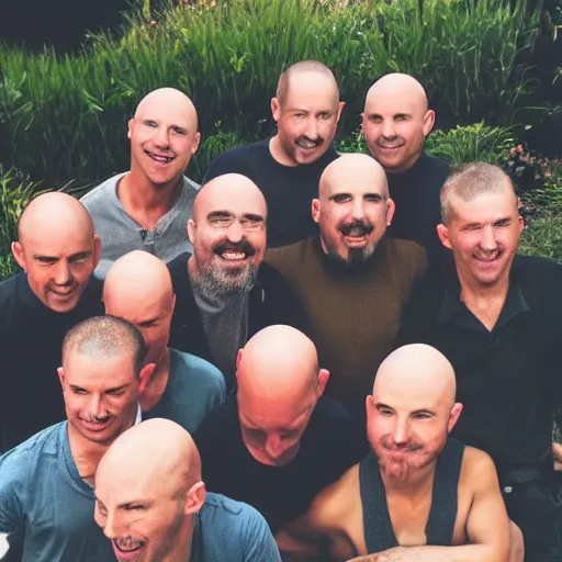 Prompt: Group of bald men with spaghetti on their heads