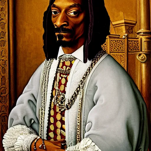 Image similar to a highly detailed portrait of snoop dogg, wearing elegant tudor clothes, inside a room with thick red tapestries, oil painting by hans holbein and alessandro allori and richard burbage